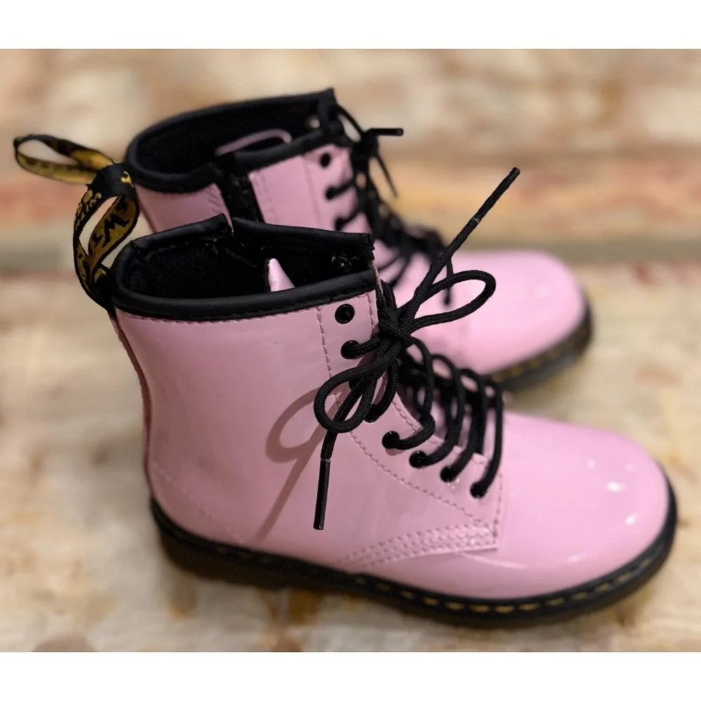 Dr. Martens Kids 1460 T Lace Up Combat Boots Pink Black Leather Side Zip Size 10